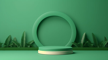 Green background podium product platform for nature beauty cosmetic stage scene. Abstract rock podium pedestal mockup with green leaf shadow. Photography showcase fresh banner. Generative AI