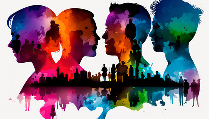 abstract colorful background, Image combining the colors of the lgtb flag and silhouettes of people. Concept lgtb rights. Image created with ai - obrazy, fototapety, plakaty