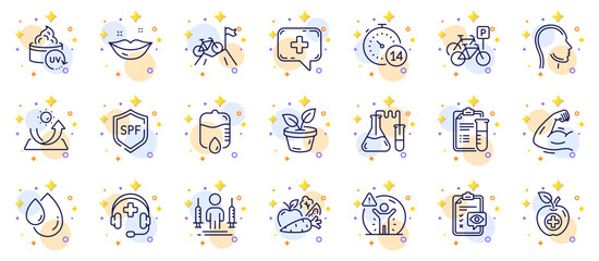 Outline set of Lips, Medical chat and Vegetables line icons for web app. Include Mountain bike, Spf protection, Strong arm pictogram icons. Medical food, Sun protection, Eye checklist signs. Vector