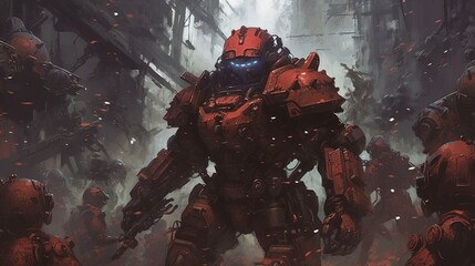 A cybernetically-enhanced soldier fighting a horde of robots. Dark fantasy concept, in the style of painting. Generative AI
