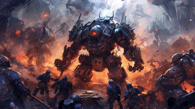 A cybernetically-enhanced soldier fighting a horde of robots. Dark fantasy concept, in the style of painting. Generative AI