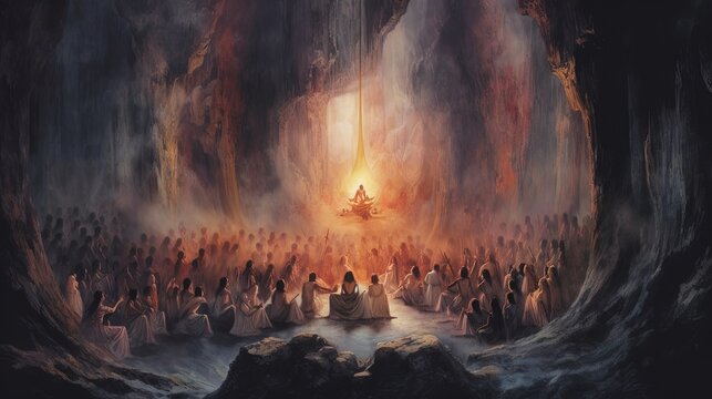 A cult performing a dark ritual in a cave. Dark fantasy concept, in the style of painting. Generative AI