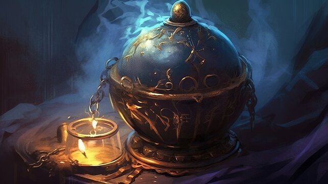 A cursed Arabic artifact corrupting the souls of those who possess it. Dark fantasy concept, in the style of painting. Generative AI