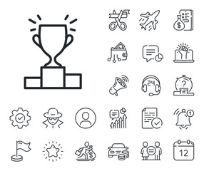 Sports Trophy symbol. Salaryman, gender equality and alert bell outline icons. Winner podium line icon. Championship achievement sign. Winner podium line sign. Spy or profile placeholder icon. Vector