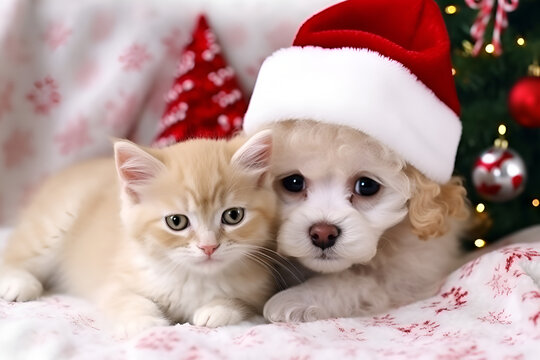 Two happy small pets, a kitten and a puppy, sit in red Santa hat, Merry Christmas and Happy New Year, closeup, generative AI.