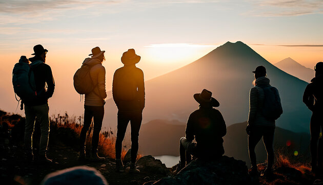 sunset in the mountains, Image with silhouettes of people in the countryside, contemplating the landscape from a mountain. Image created with ai