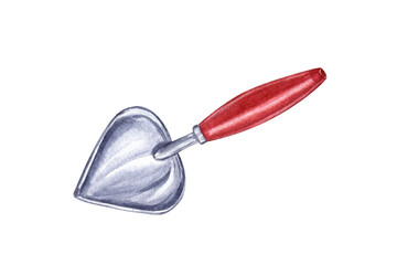Small trowel with red wooden handle isolated on transparent background. Hand tool for planting flowers and plants. Watercolor illustration for the design of booklet, flyer, label, package.