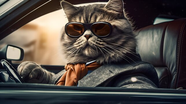 Funny cat driving car. Generative AI