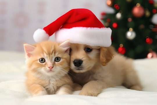 Two happy small pets, a kitten and a puppy, sit in red Santa hat, Merry Christmas and Happy New Year, closeup, generative AI.