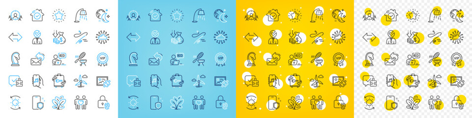 Vector icons set of Star, Music app and Fishing rod line icons pack for web with Fish grill, Spinach, Vacancy outline icon. Puzzle, Fingerprint lock, Sync pictogram. Luggage. Vector
