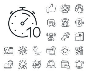 Stopwatch time sign. Place location, technology and smart speaker outline icons. Timer 10 minutes line icon. Countdown clock symbol. Timer line sign. Influencer, brand ambassador icon. Vector