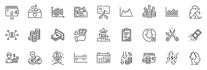 Icons pack as Budget, Card and Wallet money line icons for app include Loan percent, Fast payment, Wallet outline thin icon web set. Fraud, Coins, Bitcoin project pictogram. Checklist. Vector