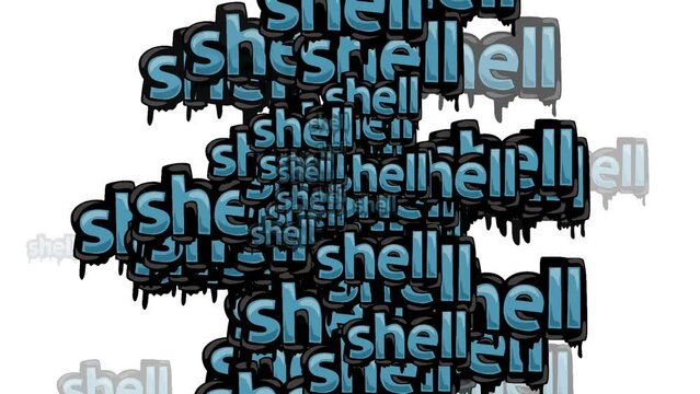 animated video scattered with the words SHELL on a white background