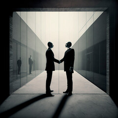 silhouette of two men in a corridor, illustration showing two executives shaking hands, business concept, image generated with ai
