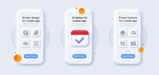 Skin care, Lungs and Coronavirus line icons pack. 3d phone mockups with calendar. Glass smartphone screen. Washing hands, Conjunctivitis eye, Medical flight web icon. Vector