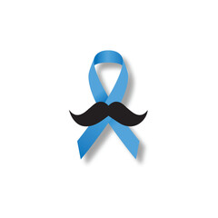 Prostate cancer awareness ribbon. Light blue ribbon with mustache. Vector illustration