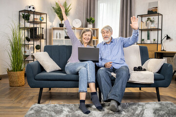 Full length view of relaxed elderly adults watching video on modern laptop while having fun in living room. Happy grandparents relishing kids' birthday party videos shared in social media network.