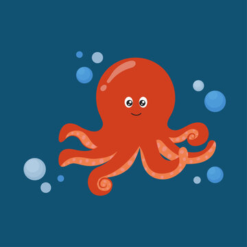 Cute red octopus with big shiny eyes. Soft-bodied mollusk with six tentacles. Sea and ocean theme. Flat vector illustration