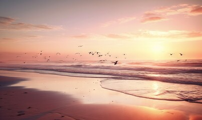  a flock of birds flying over the ocean at sunset or sunrise.  generative ai