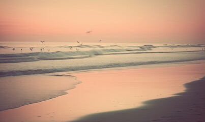 Obraz premium birds flying over the ocean at sunset on a beach with waves. generative ai
