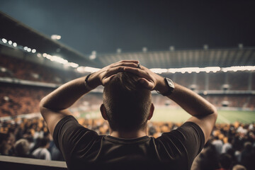 Fan with hands on head while watching a football match in a stadium. Generative AI