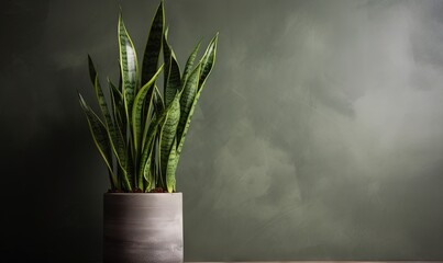  a green plant in a gray pot on a table with a gray wall in the background.  generative ai