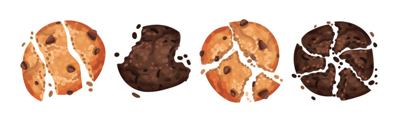 Chocolate Cookies with Drops and Crumbs Vector Set