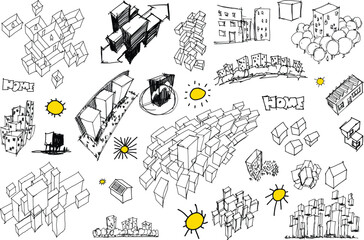 hand drawn architectural sketches of urban ideas and city structures and parts of the city and architecture and fantastic buildings