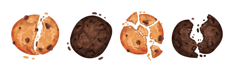 Chocolate Cookies with Drops and Crumbs Vector Set