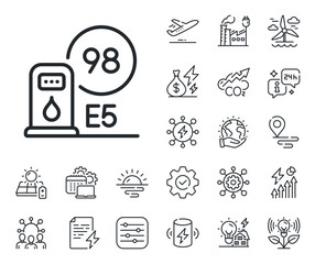 Filling station sign. Energy, Co2 exhaust and solar panel outline icons. Petrol station line icon. E5 petroleum fuel symbol. Petrol station line sign. Eco electric or wind power icon. Vector