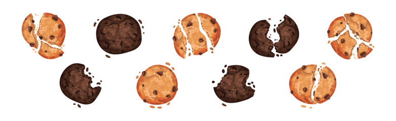 Chocolate Cookies with Drops and Crumbs Vector Set