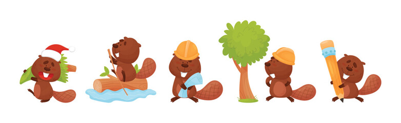 Cute Beaver Character Engaged in Different Activity Vector Set - obrazy, fototapety, plakaty