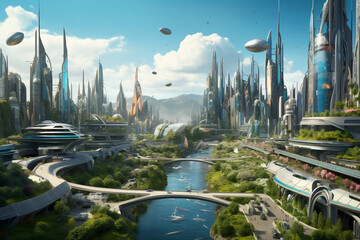 futuristic city skyline with advanced technology and eco-friendly infrastructure