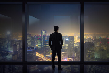 Fototapeta na wymiar Businessman looking at financial district from his office building, generative ai
