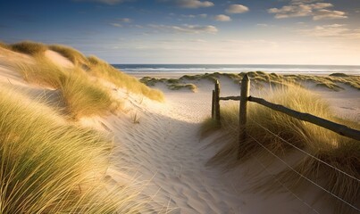  a wooden fence on a sandy beach with grass growing on it.  generative ai