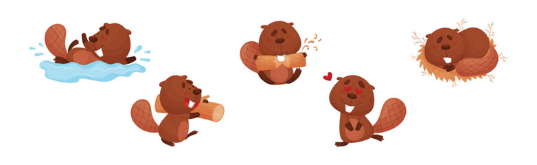 Cute Beaver Character Engaged in Different Activity Vector Set