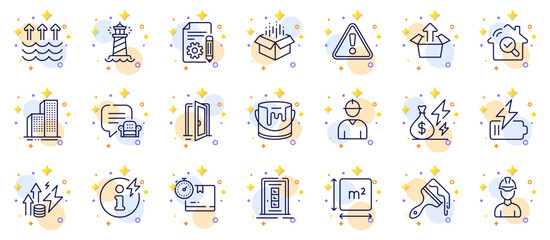Outline set of Brush, Foreman and Electricity price line icons for web app. Include Battery, Energy inflation, Warning pictogram icons. Send box, Engineer, Power info signs. Open door. Vector