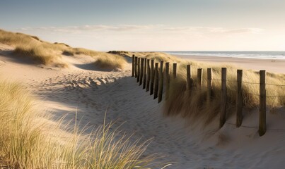 Fototapeta premium a beach with a fence and grass on the sand and a body of water in the distance. generative ai