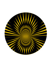 kreisfläche gefüllt mit gelben linien und strahlen mit einem asymmetrischen zentrum auf schwarzem untergrund, modern art
