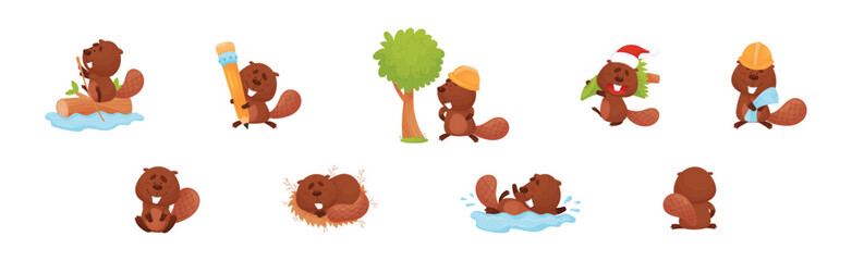 Cute Beaver Character Engaged in Different Activity Vector Set © Happypictures