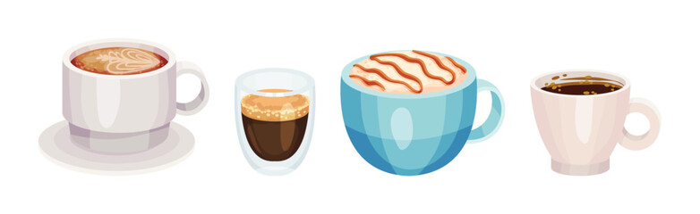 Different Coffee with Froth and Cream in Ceramic Cup Vector Set