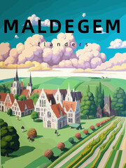 Maldegem: Retro tourism poster with an Belgian landscape and the headline Maldegem in Flanders