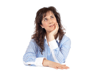 Portrait of a smiling woman thinking over a white background