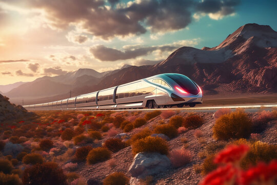 hyperloop train speeding through a futuristic landscape