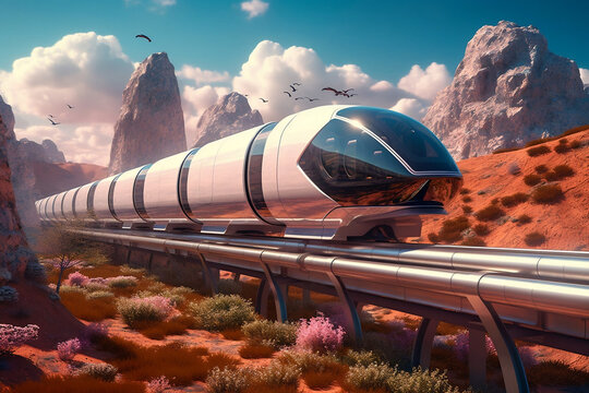 hyperloop train speeding through a futuristic landscape
