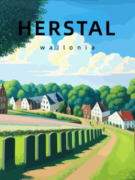 Herstal: Retro tourism poster with an Belgian landscape and the headline Herstal in Wallonia