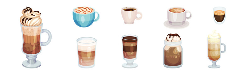 Different Coffee with Froth and Cream in Ceramic Cup and Glass Vector Set
