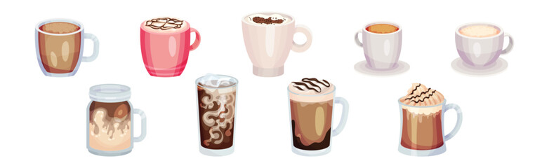 Different Coffee with Froth and Cream in Ceramic Cup and Glass Vector Set