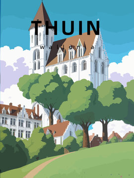 Thuin: Retro tourism poster with an Belgian landscape and the headline Thuin in Wallonia