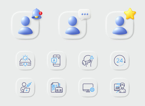 24 hours, Vaccination appointment and Monitor settings line icons. Placeholder with 3d star, reminder bell, chat. Pack of Sun protection, Vacancy, Presentation icon. Vector